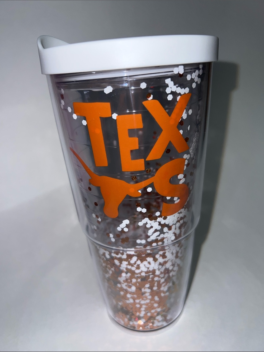 Mary Square Texas Longhorns Orange & White Glitter Tumbler with Lid